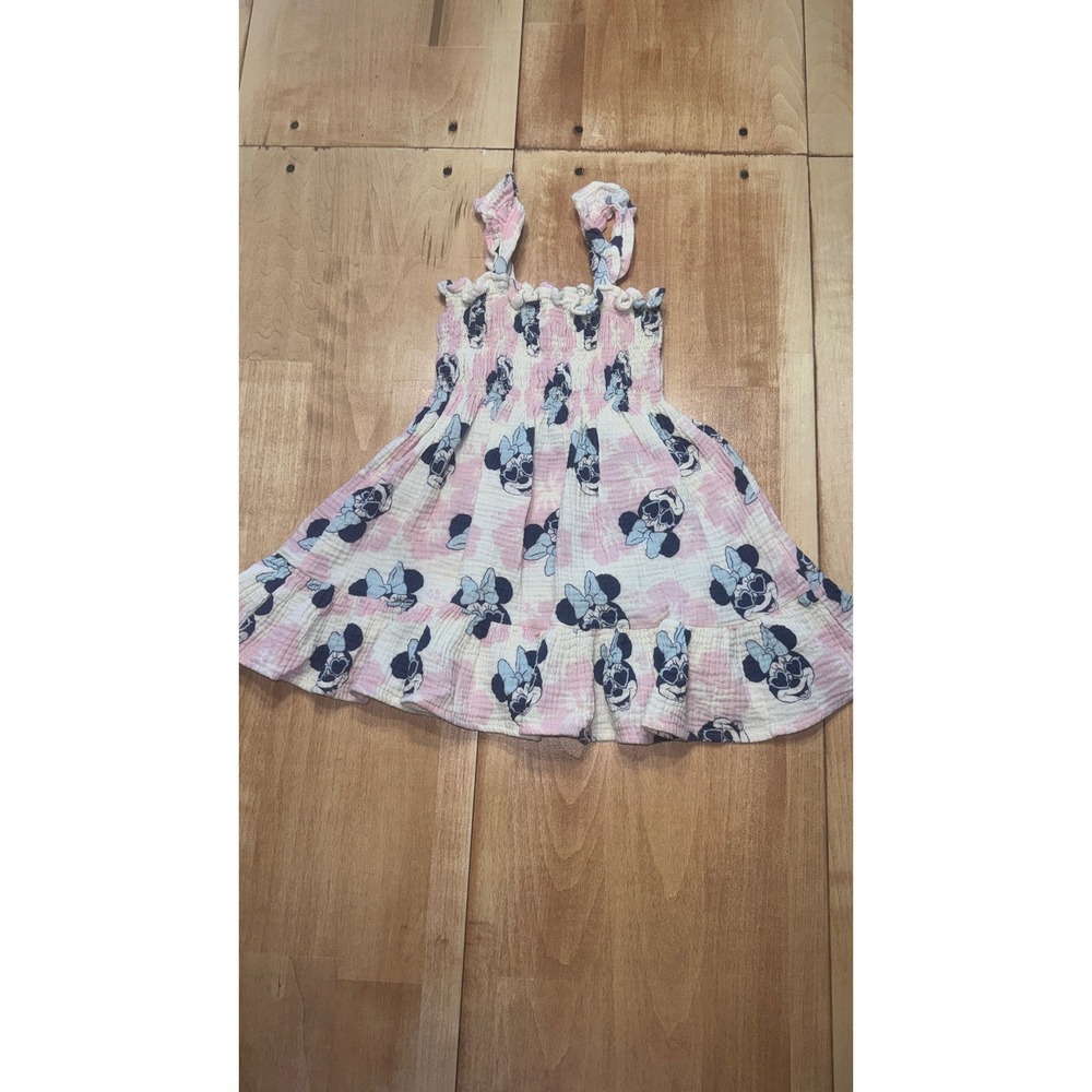 Disney Minnie Smocked Dress Toddler Girls 2T Pink White Blue Ruffle Hem Cotton